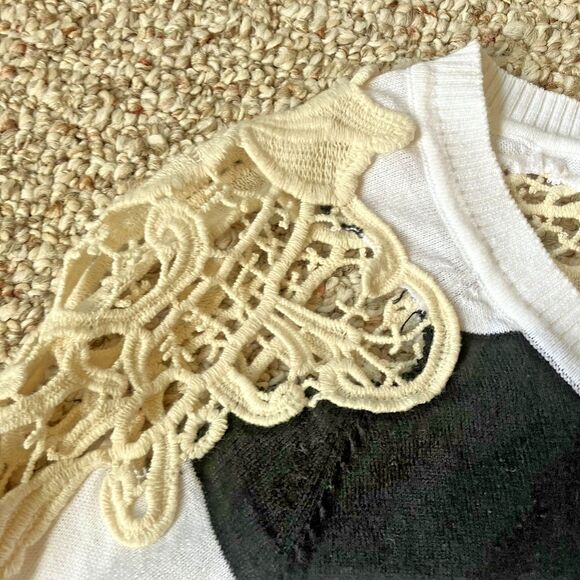 Nordstrom Charlotte Cardigan Sweater Size L Crochet Lace Stripes Twee Black Whit - Picture 2 of 11